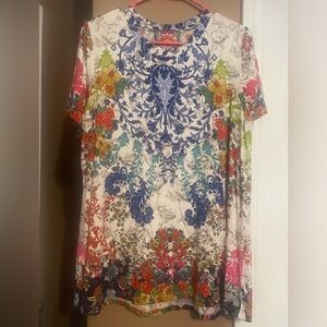 Johnny Was Blue and Red Floral Short Sleeve Top